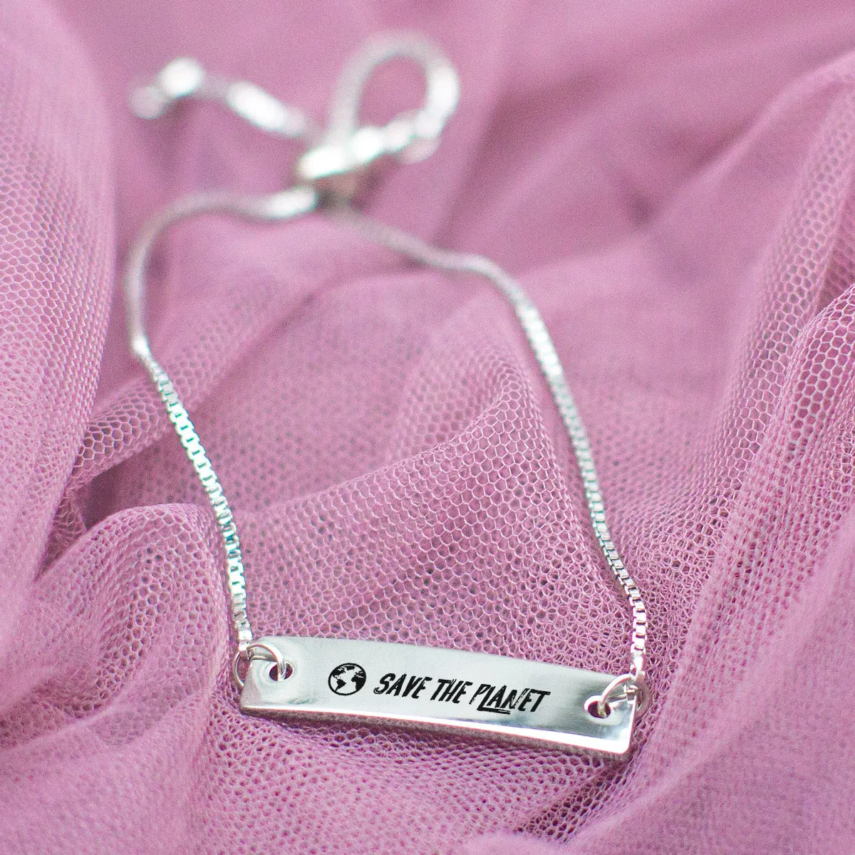 Save the Planet Silver Bar Adjustable Bracelet