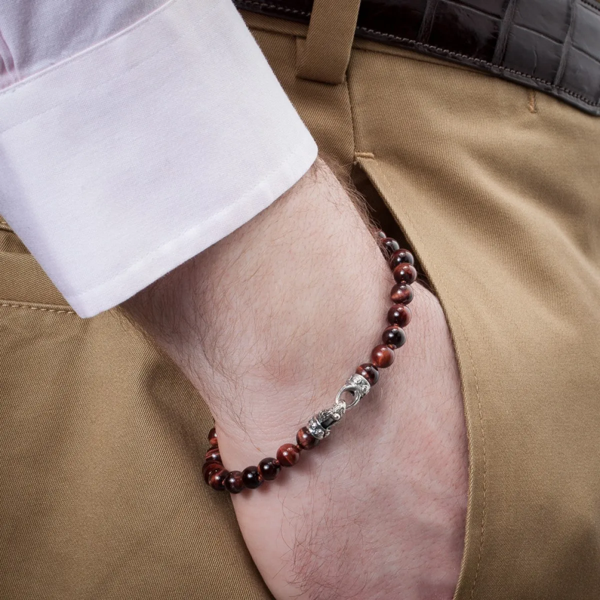 Scott Kay Red Tigers Eye Small Beaded Bracelet with Sterling Silver Engraved Clasp
