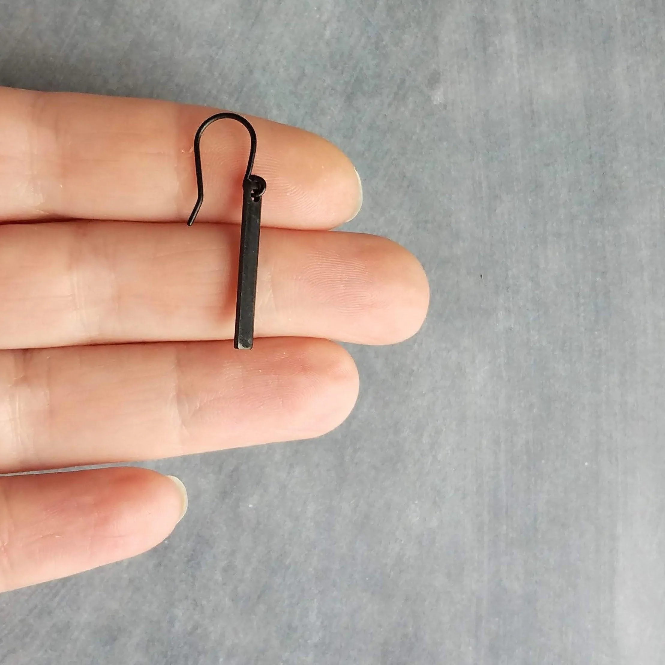 Short Black Bar Earrings, 1.3 inch small earring, minimalist, narrow black earring, thin earring, matte black earrings, flat rectangle