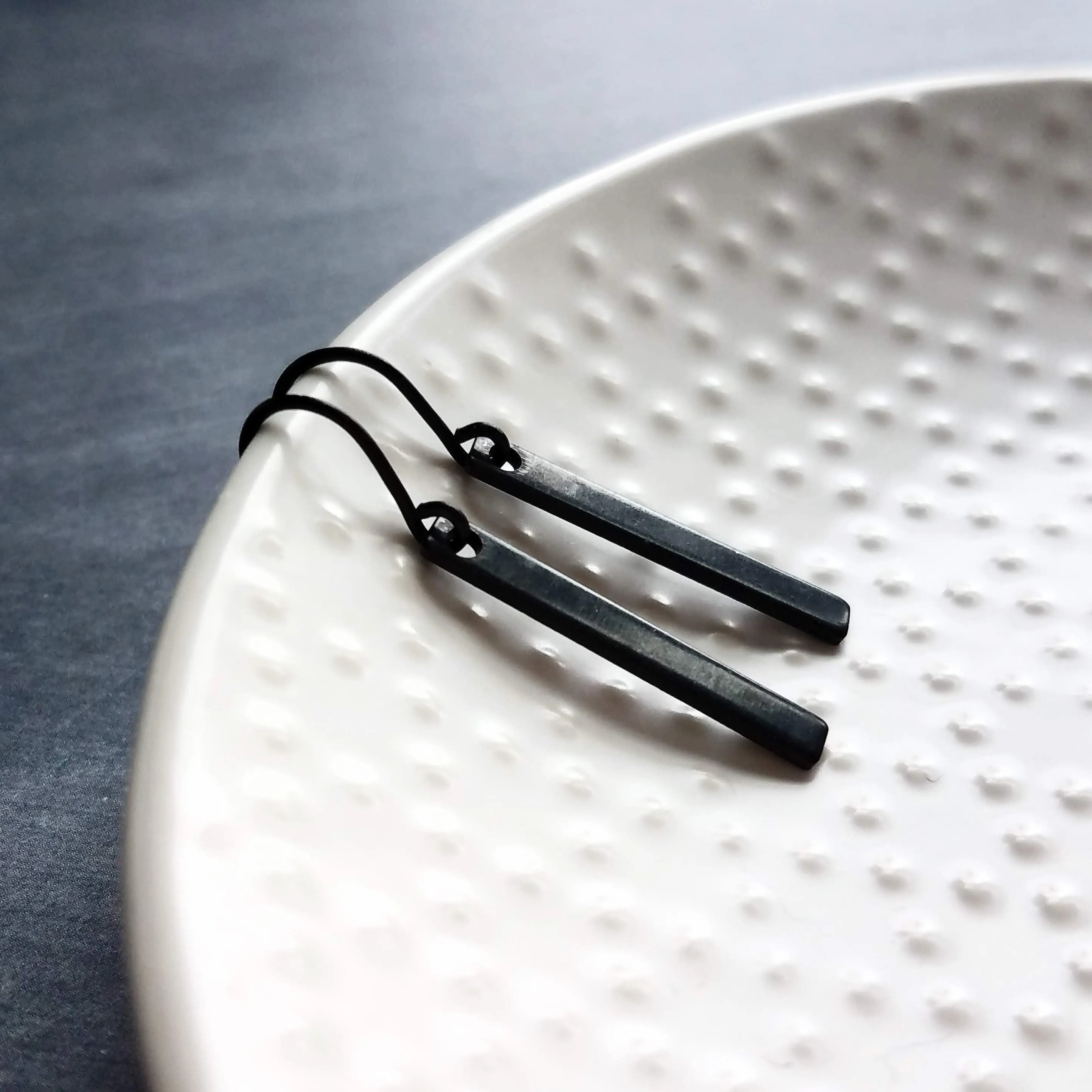 Short Black Bar Earrings, 1.3 inch small earring, minimalist, narrow black earring, thin earring, matte black earrings, flat rectangle