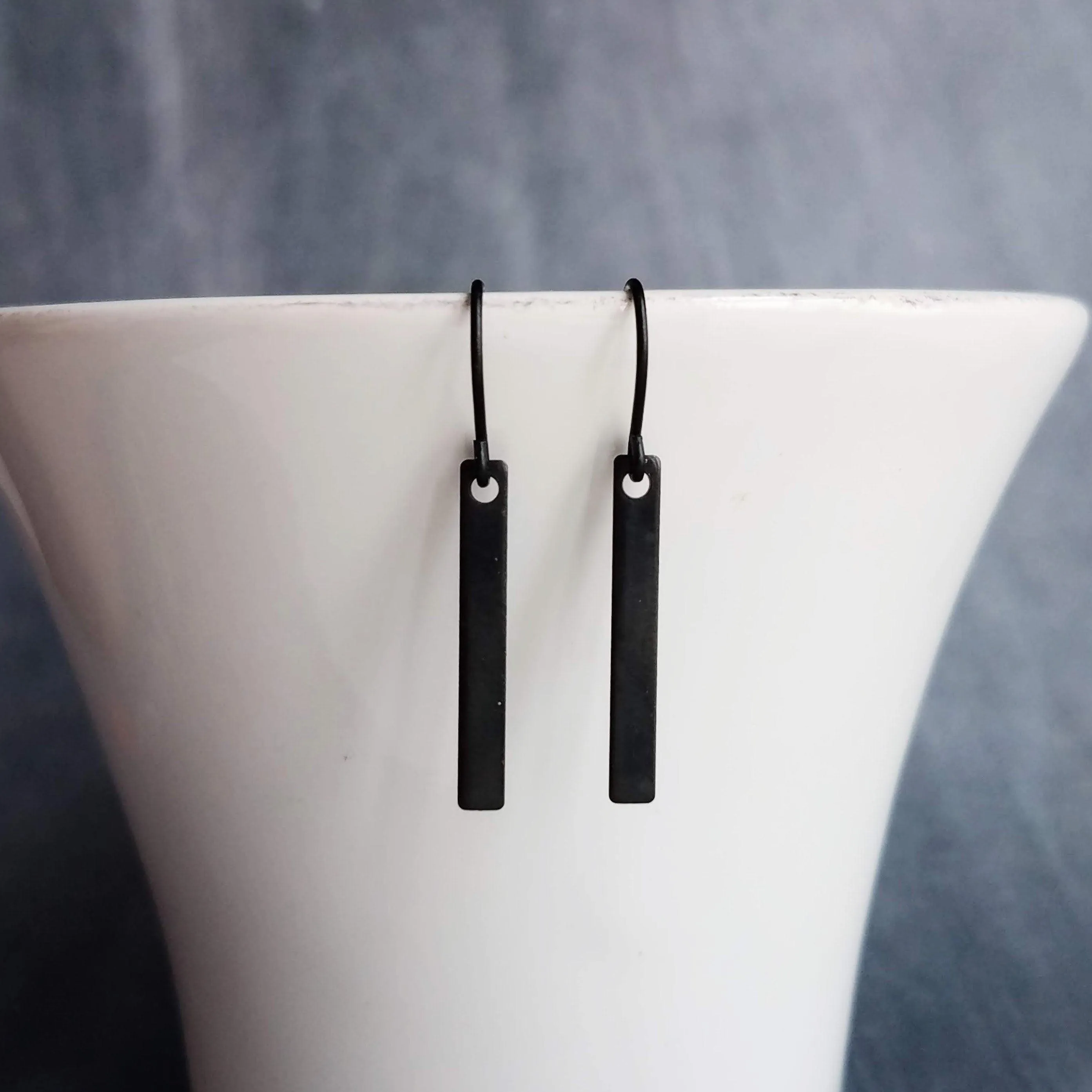 Short Black Bar Earrings, 1.3 inch small earring, minimalist, narrow black earring, thin earring, matte black earrings, flat rectangle