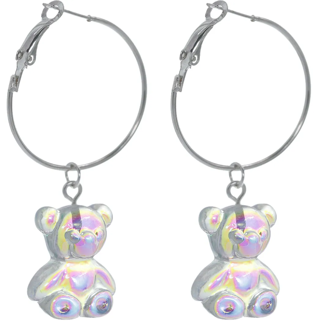 Silver Clear Iridescent Bear Mini Hoop Earrings