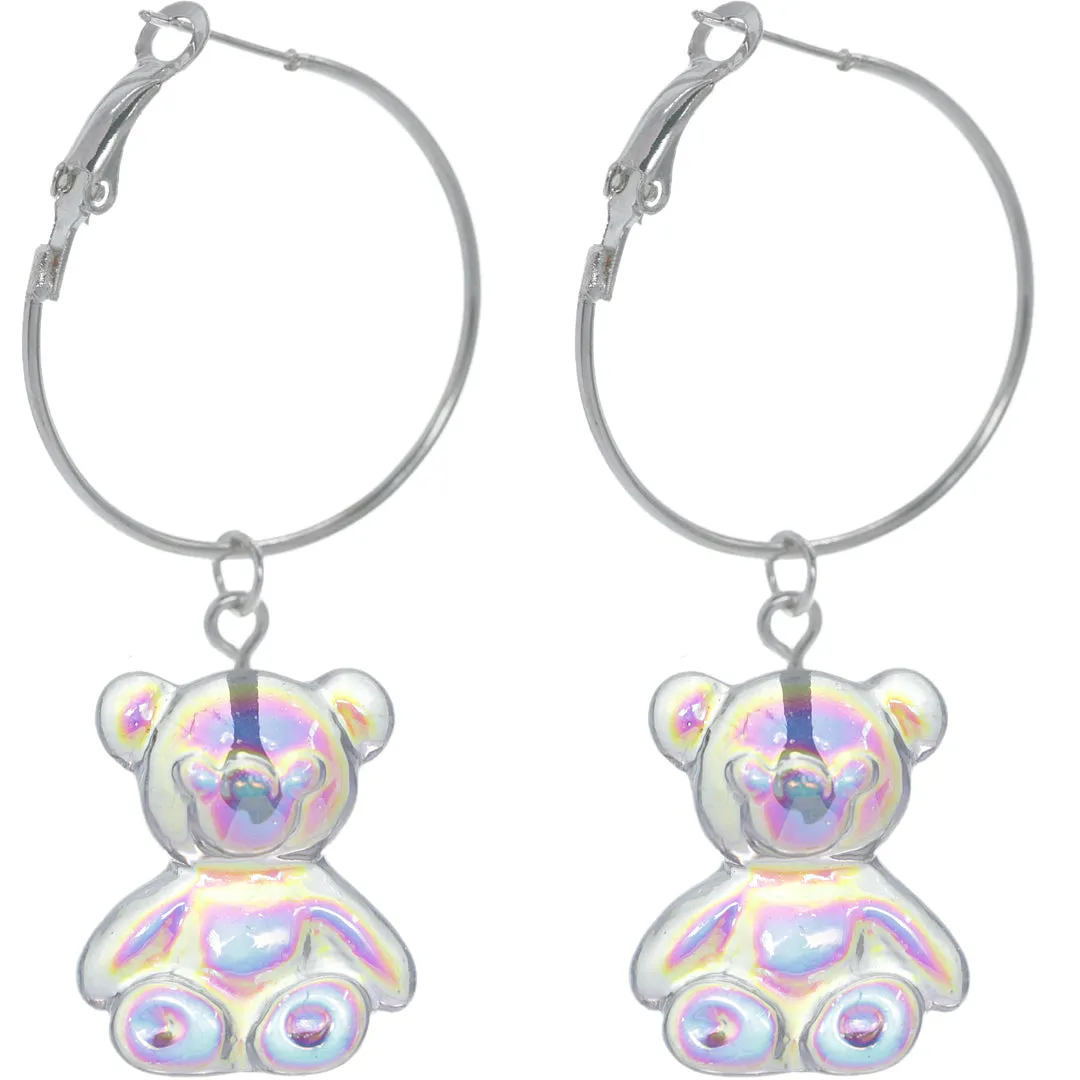 Silver Clear Iridescent Bear Mini Hoop Earrings
