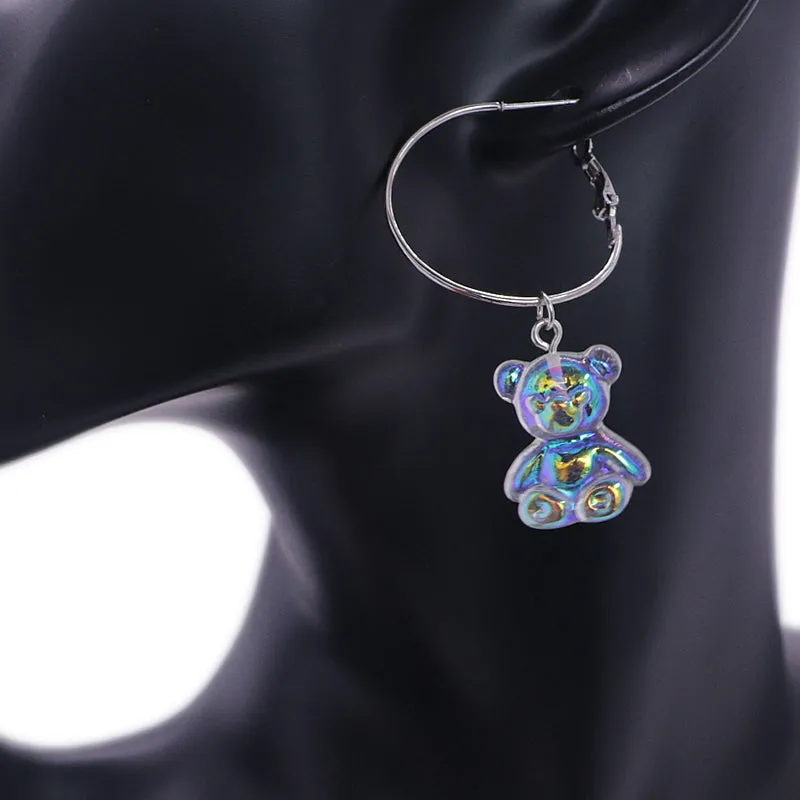 Silver Clear Iridescent Bear Mini Hoop Earrings