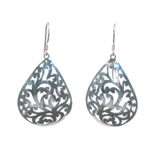 Silver Curved Pear with Flowers Dangle Earrings