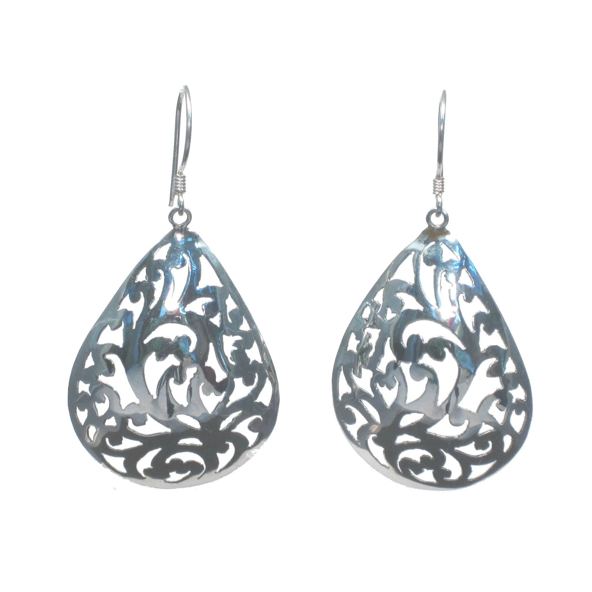 Silver Curved Pear with Flowers Dangle Earrings