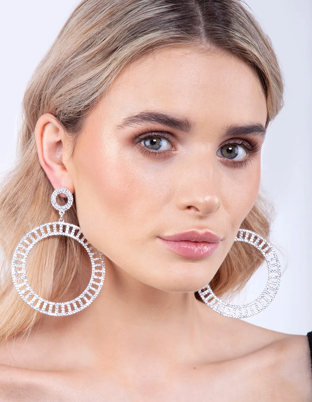 Silver Diamante Cutout Disc Earrings