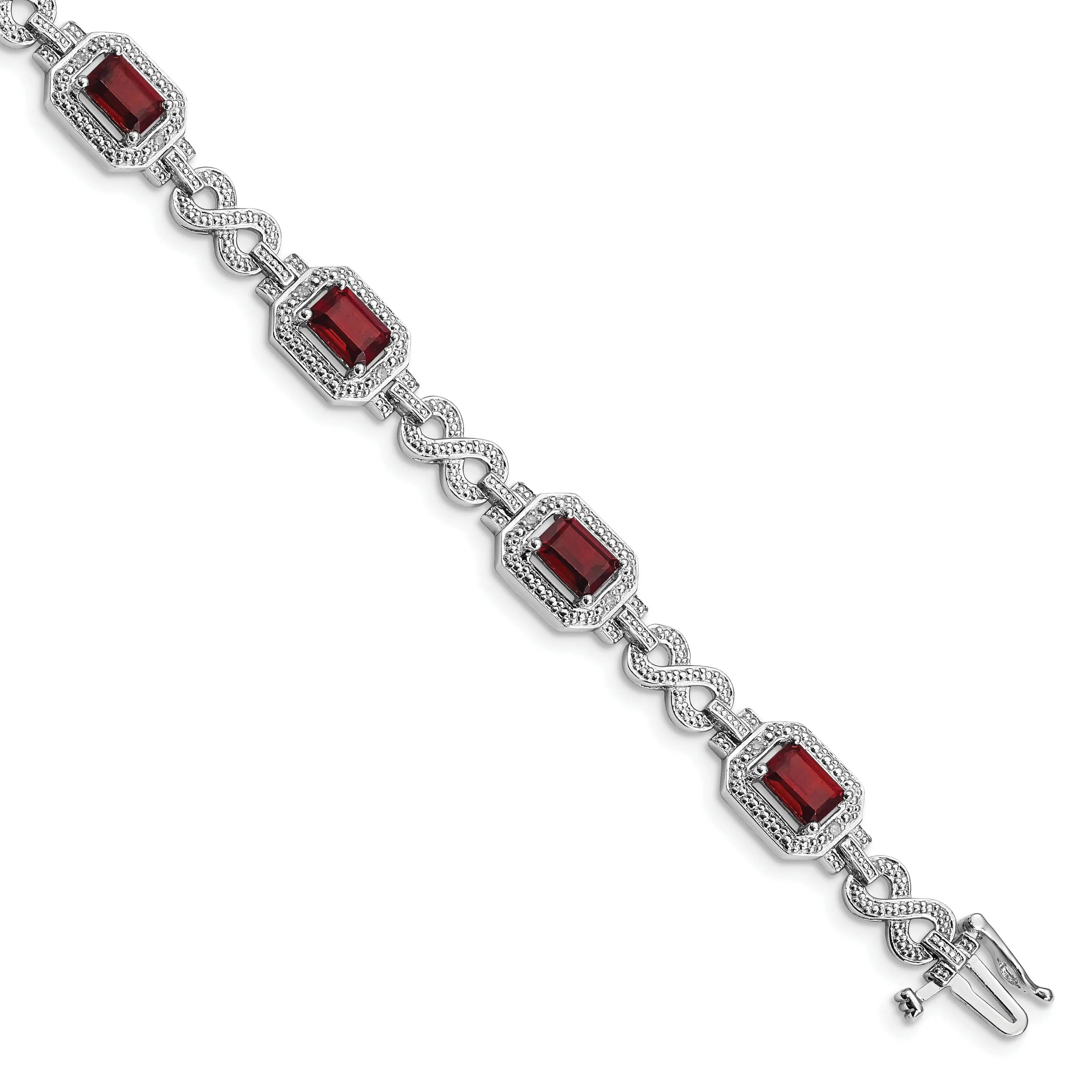 Silver Diamond Octagon Garnet Gemstone 7-Inch Bracelet