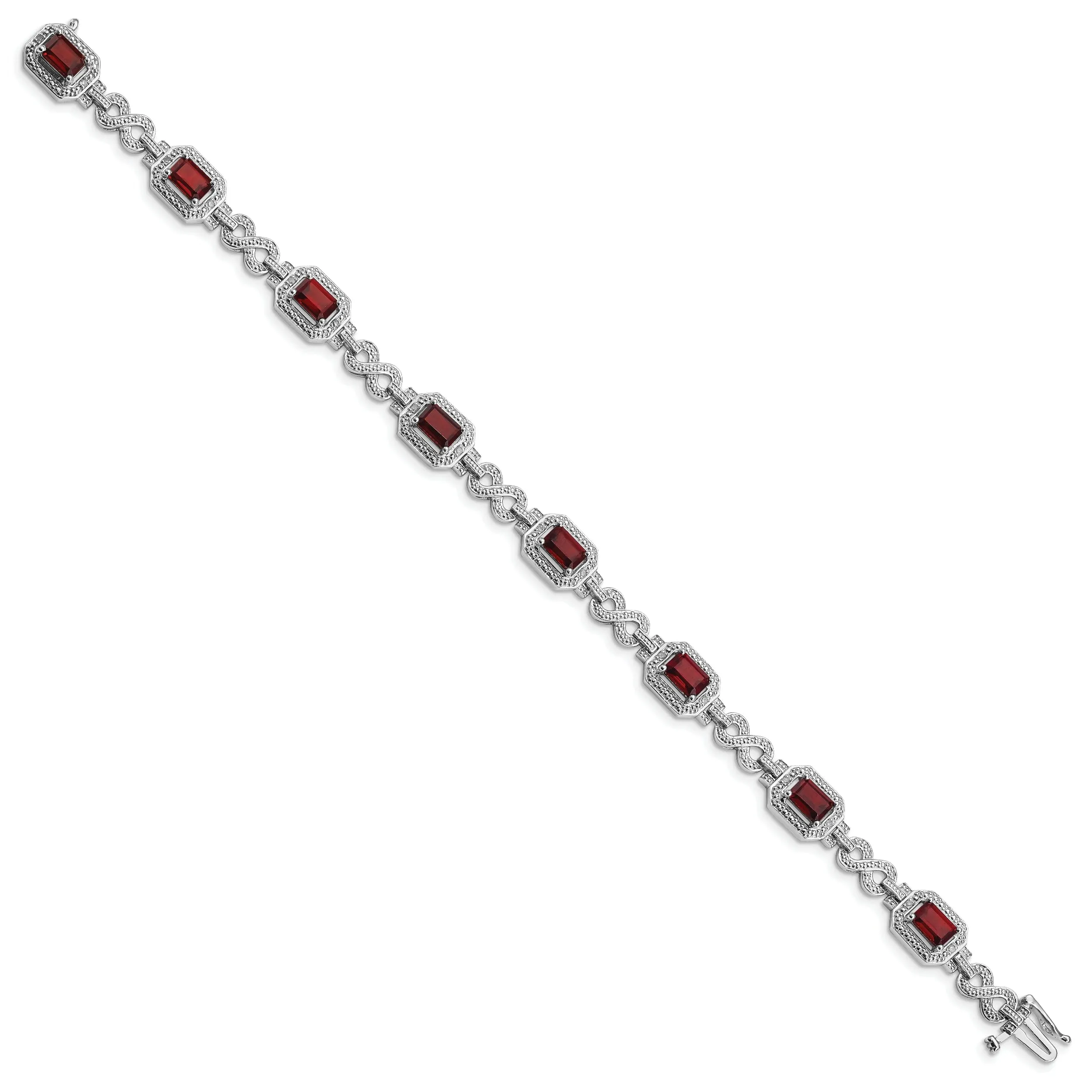Silver Diamond Octagon Garnet Gemstone 7-Inch Bracelet