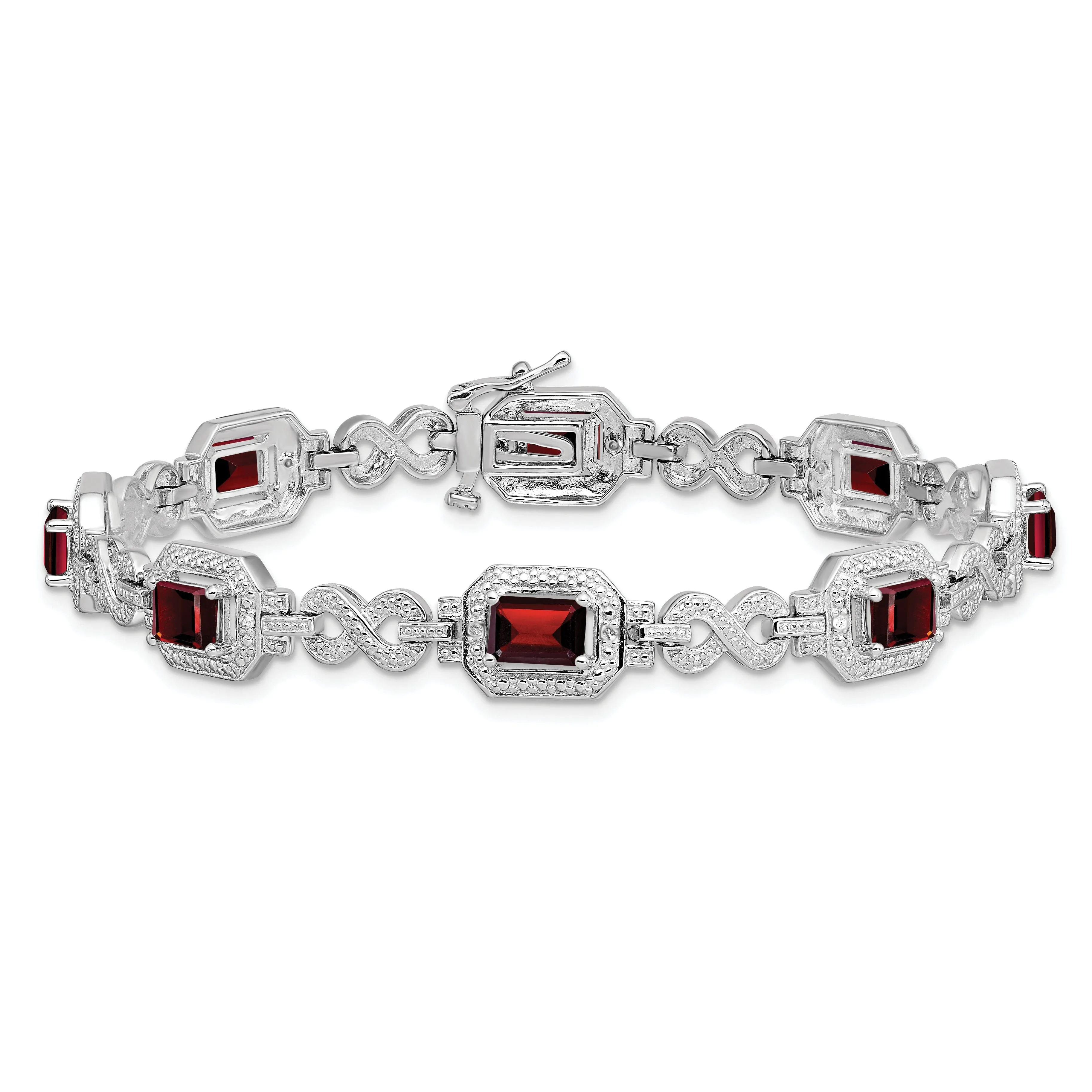 Silver Diamond Octagon Garnet Gemstone 7-Inch Bracelet