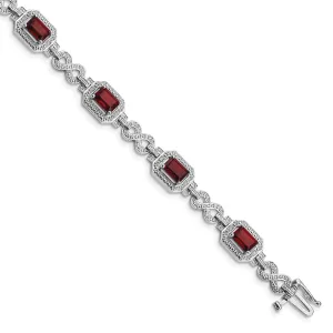Silver Diamond Octagon Garnet Gemstone 7-Inch Bracelet