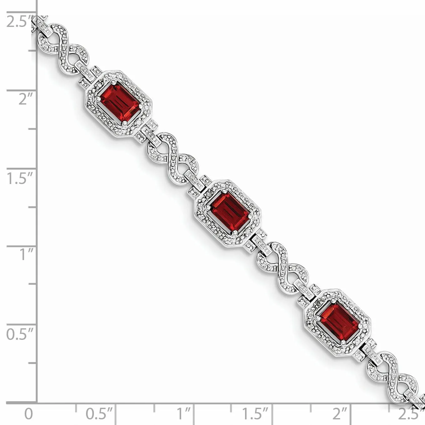 Silver Diamond Octagon Garnet Gemstone 7-Inch Bracelet
