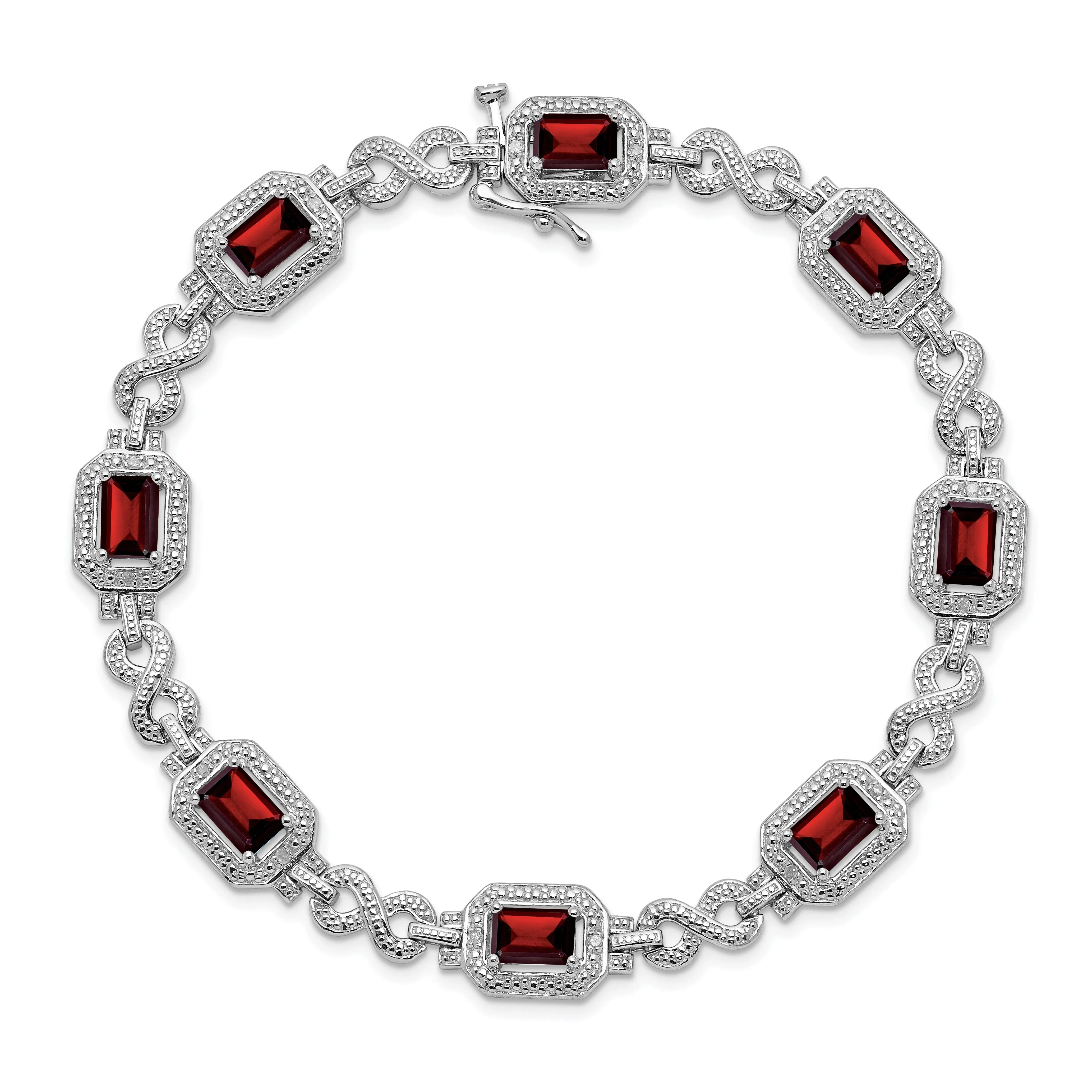 Silver Diamond Octagon Garnet Gemstone 7-Inch Bracelet