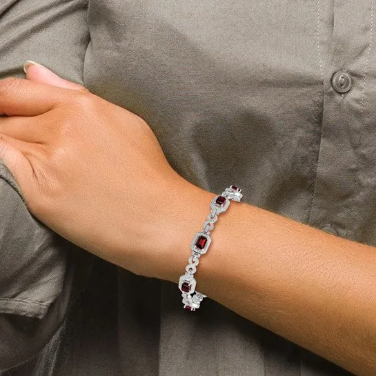 Silver Diamond Octagon Garnet Gemstone 7-Inch Bracelet