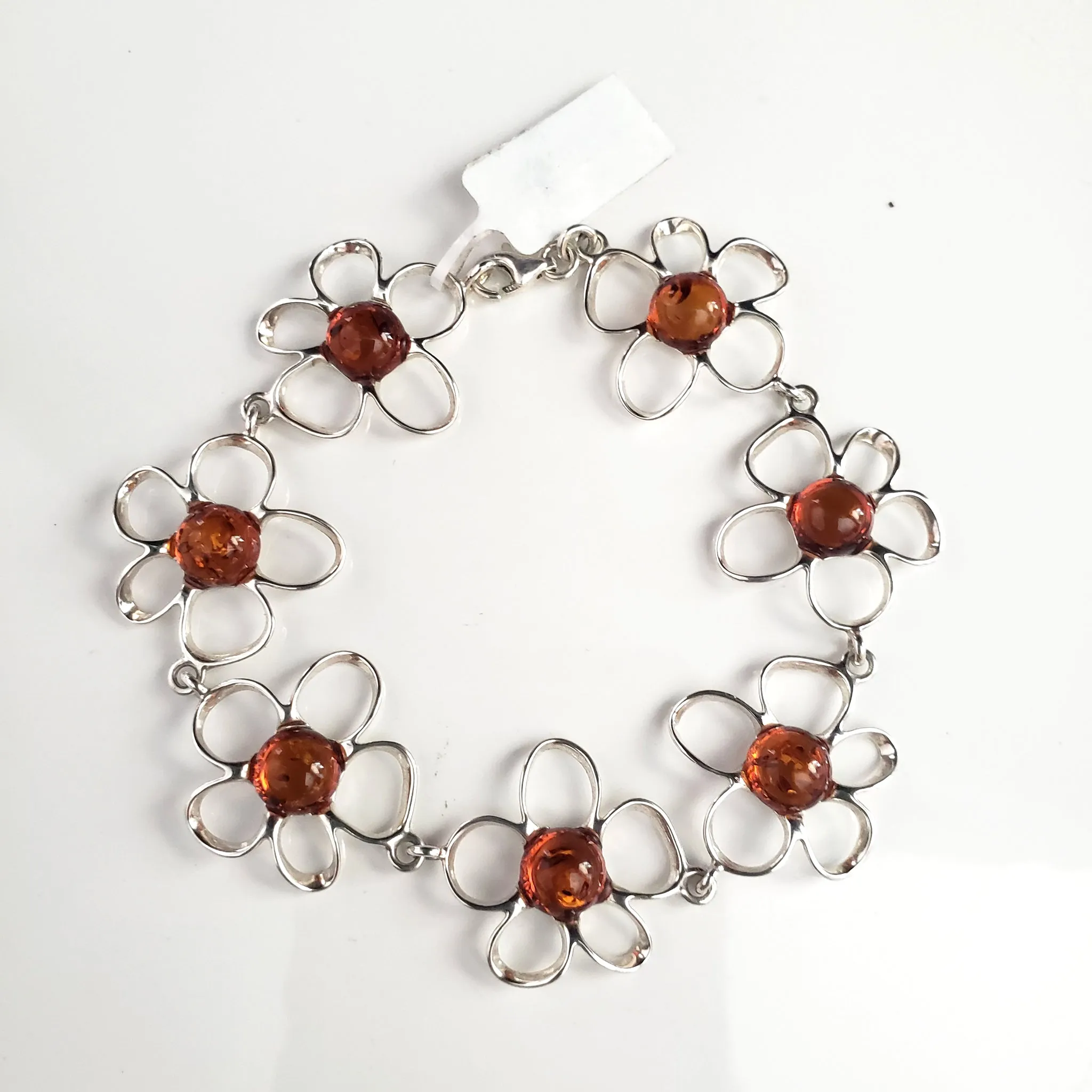 Silver Flower with Natural Amber Link Bracelet
