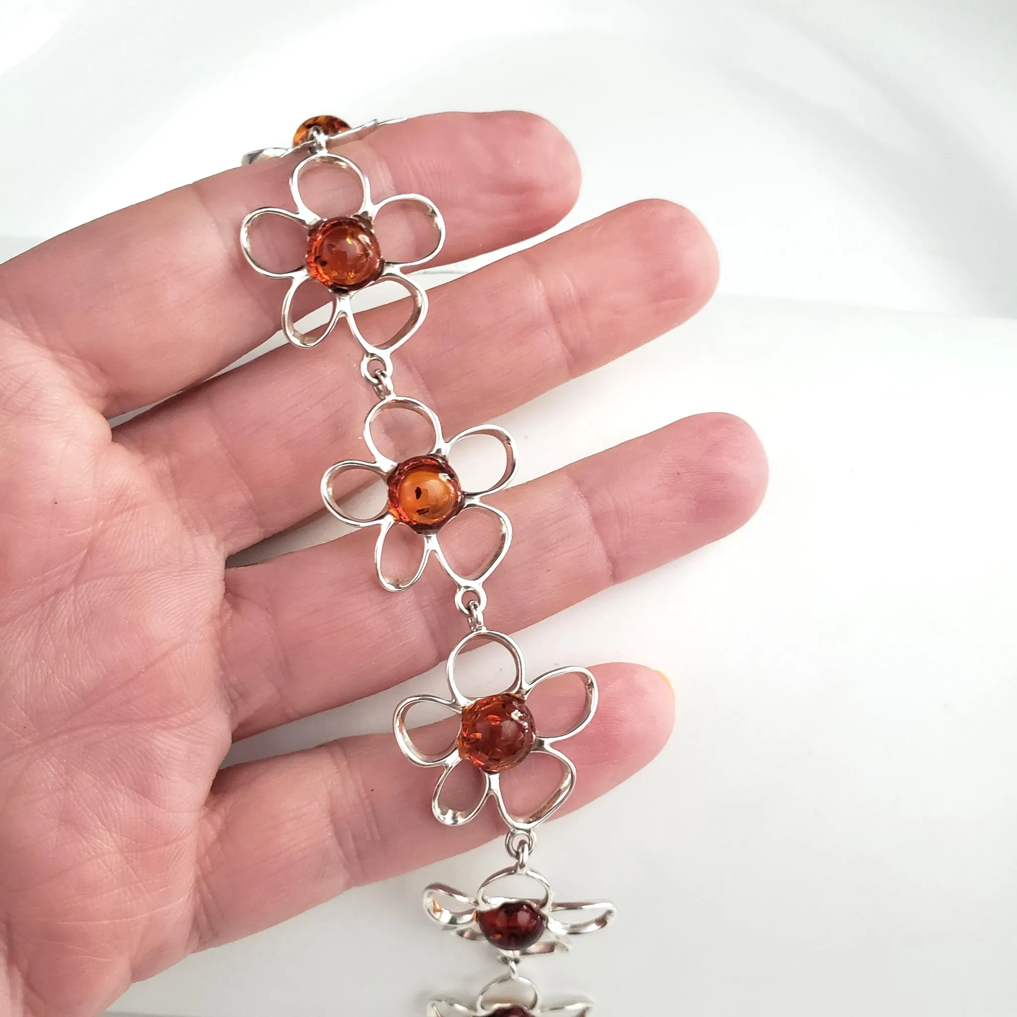 Silver Flower with Natural Amber Link Bracelet