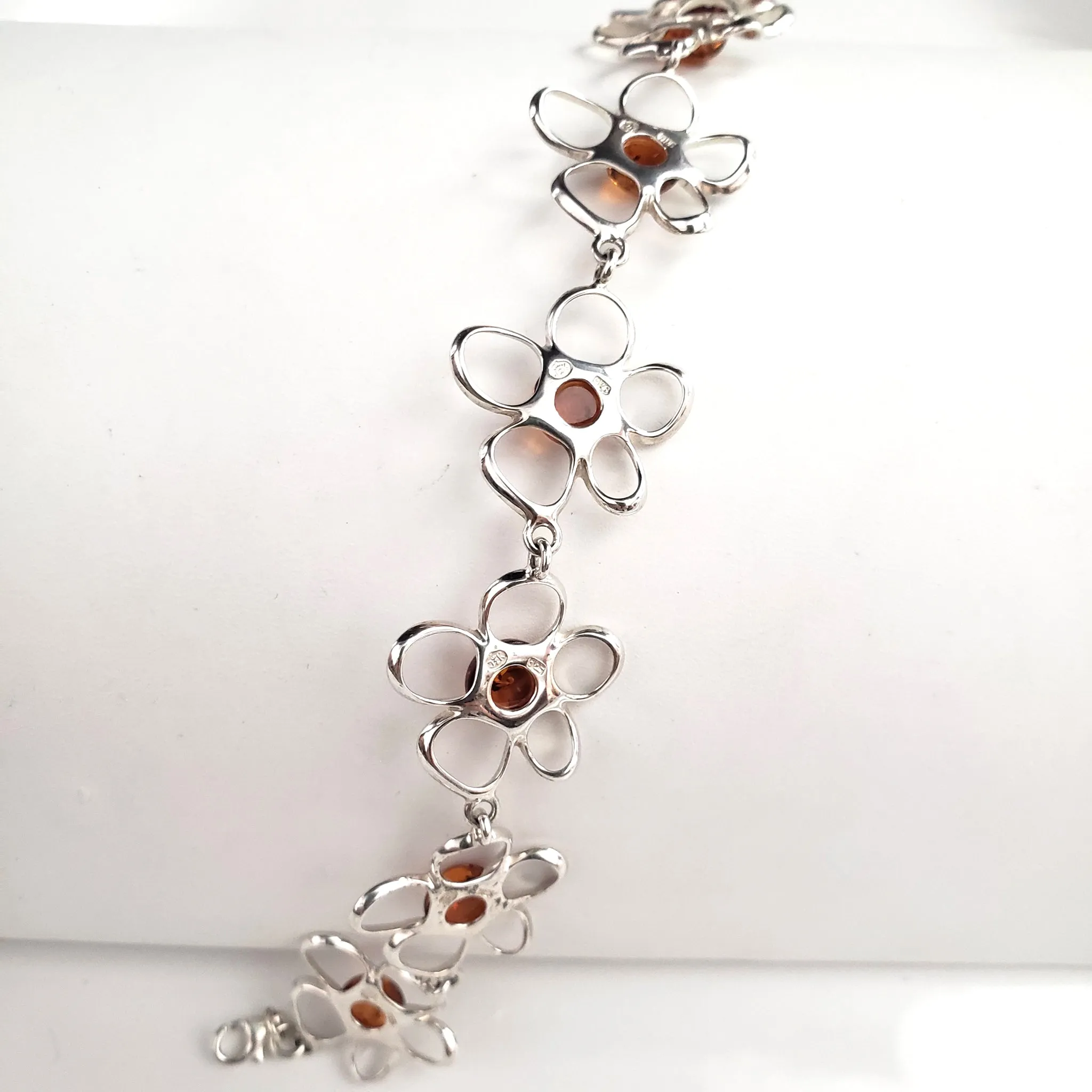 Silver Flower with Natural Amber Link Bracelet