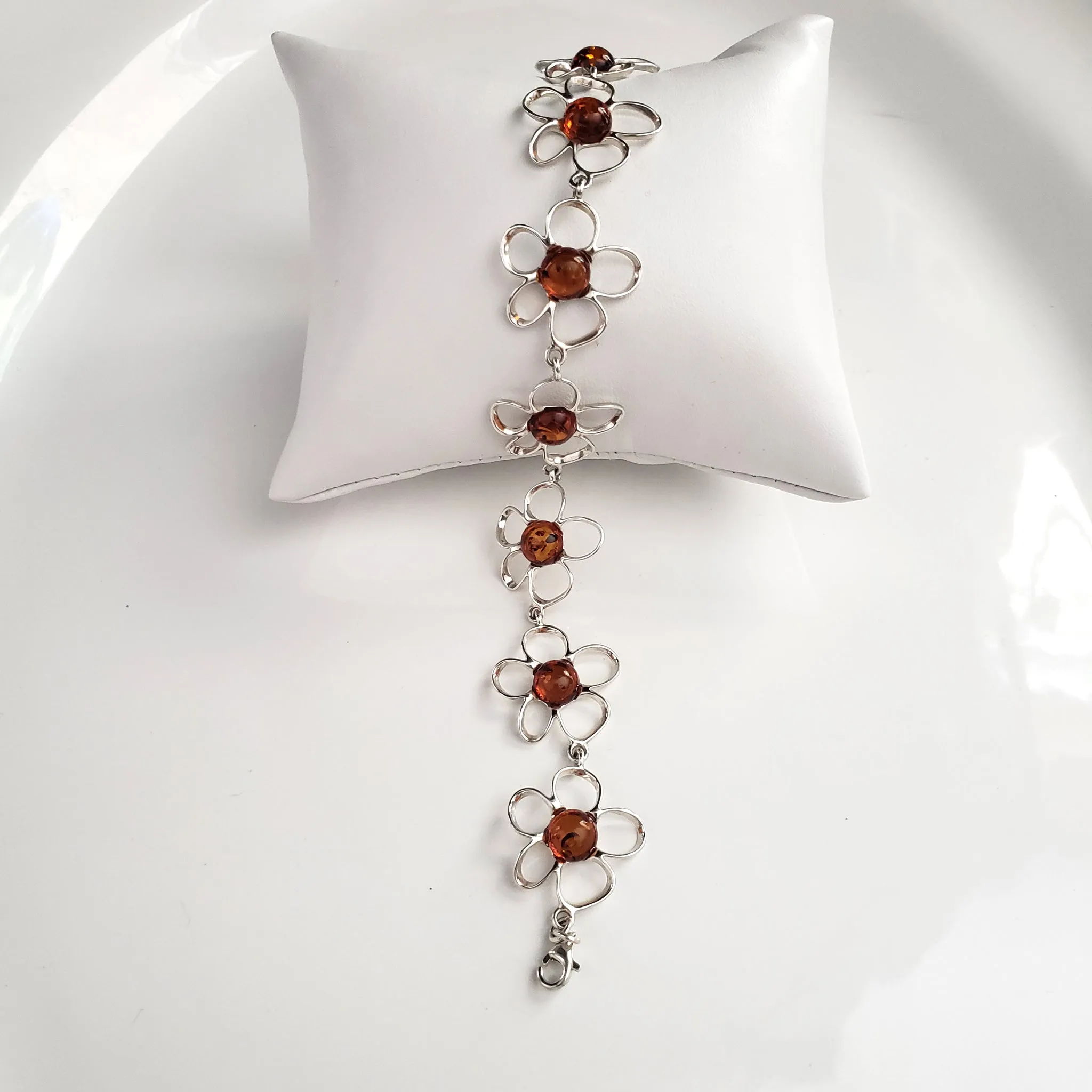 Silver Flower with Natural Amber Link Bracelet