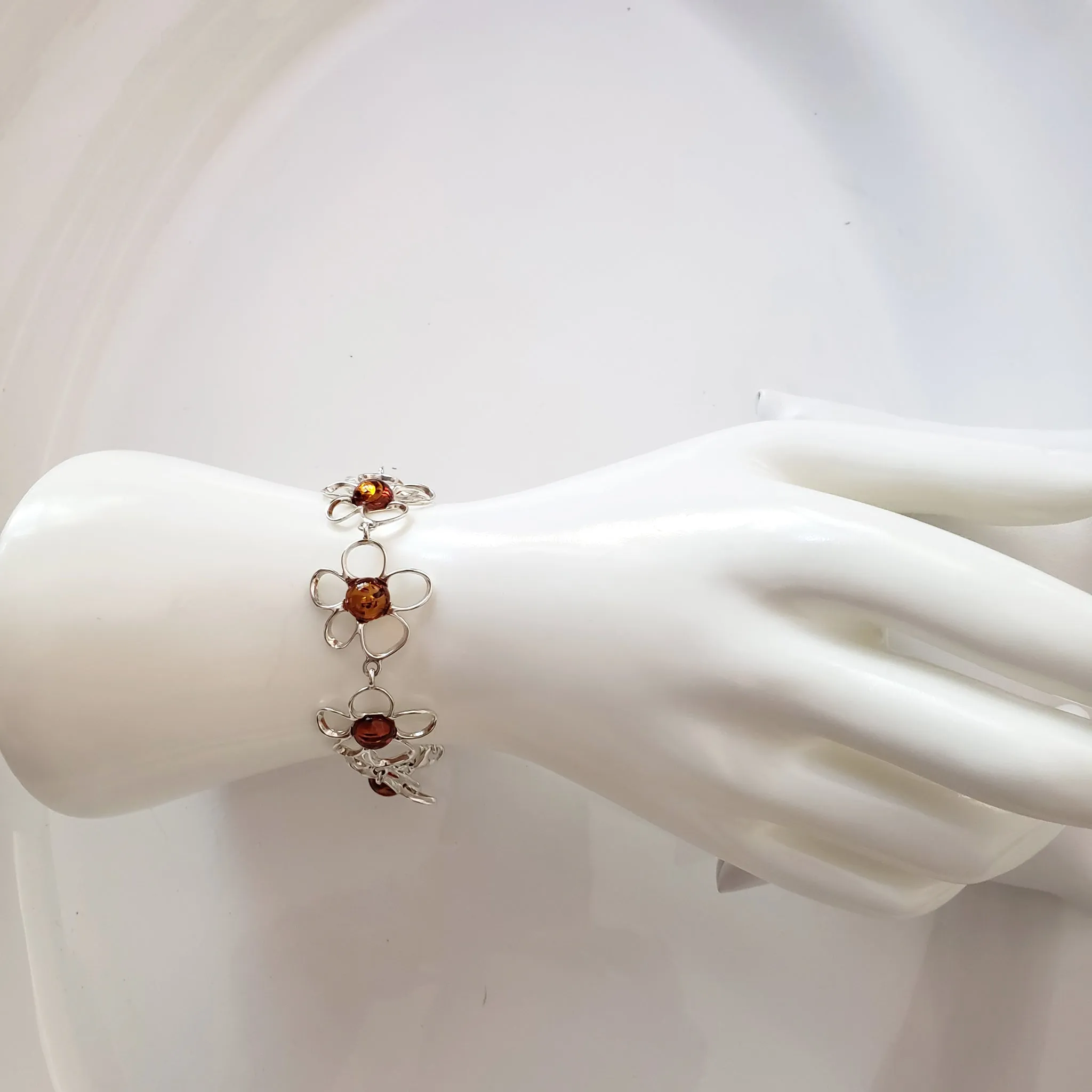 Silver Flower with Natural Amber Link Bracelet