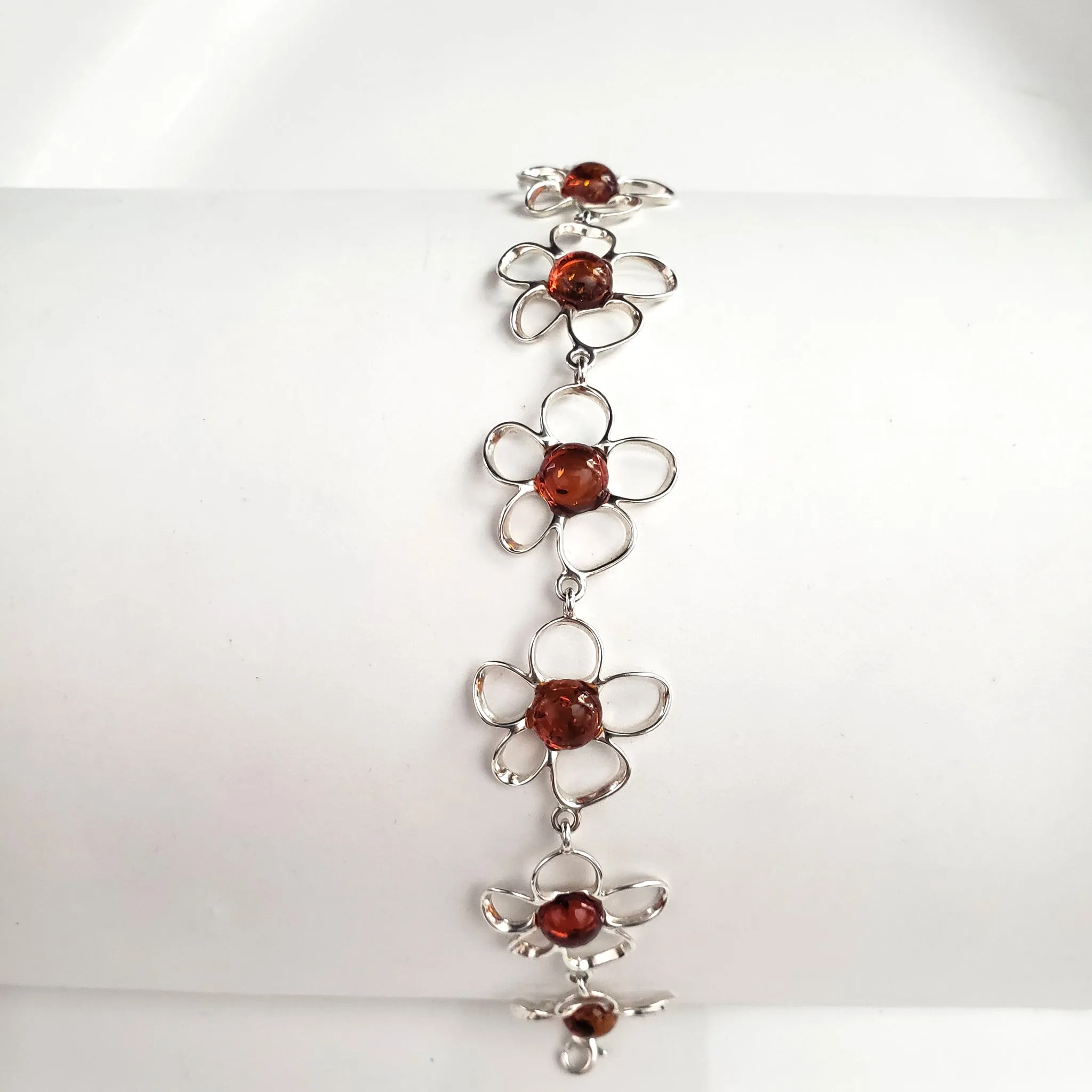 Silver Flower with Natural Amber Link Bracelet