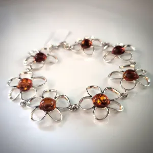 Silver Flower with Natural Amber Link Bracelet