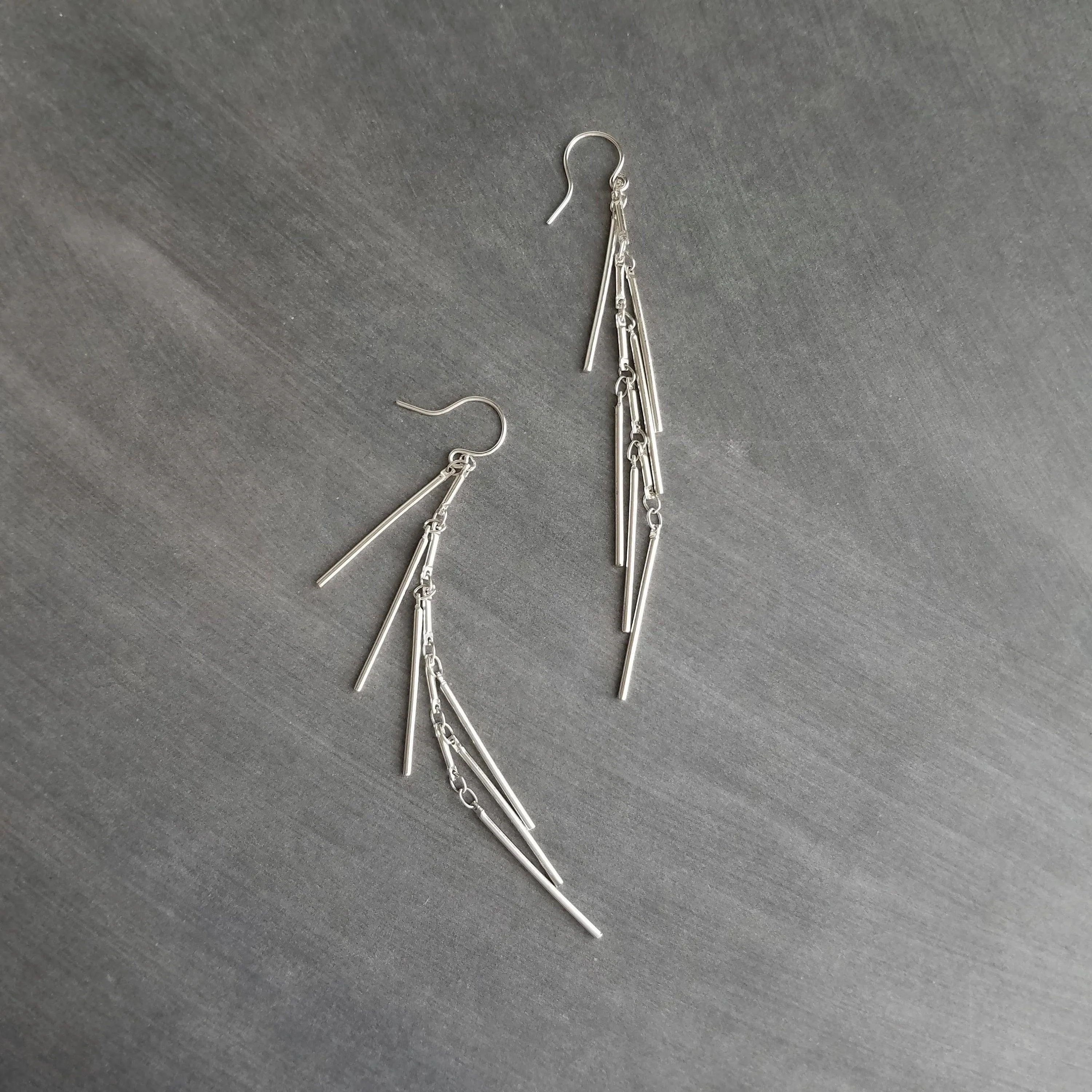 Silver Fringe Earrings, silver bar earring, cluster earring, waterfall earring, thin narrow earring, silver stick earring, shaggy earring