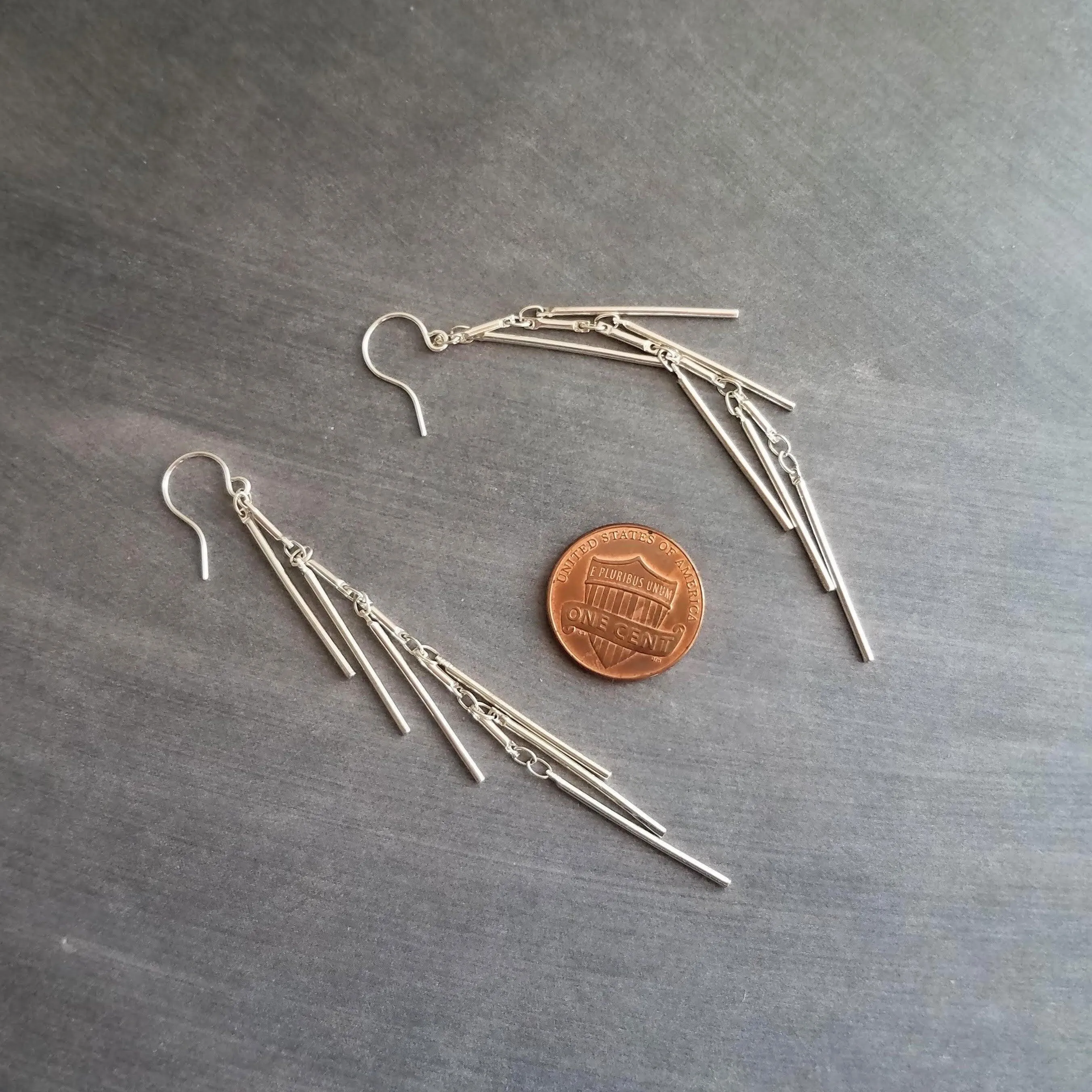 Silver Fringe Earrings, silver bar earring, cluster earring, waterfall earring, thin narrow earring, silver stick earring, shaggy earring