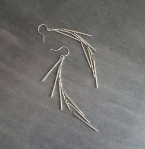 Silver Fringe Earrings, silver bar earring, cluster earring, waterfall earring, thin narrow earring, silver stick earring, shaggy earring