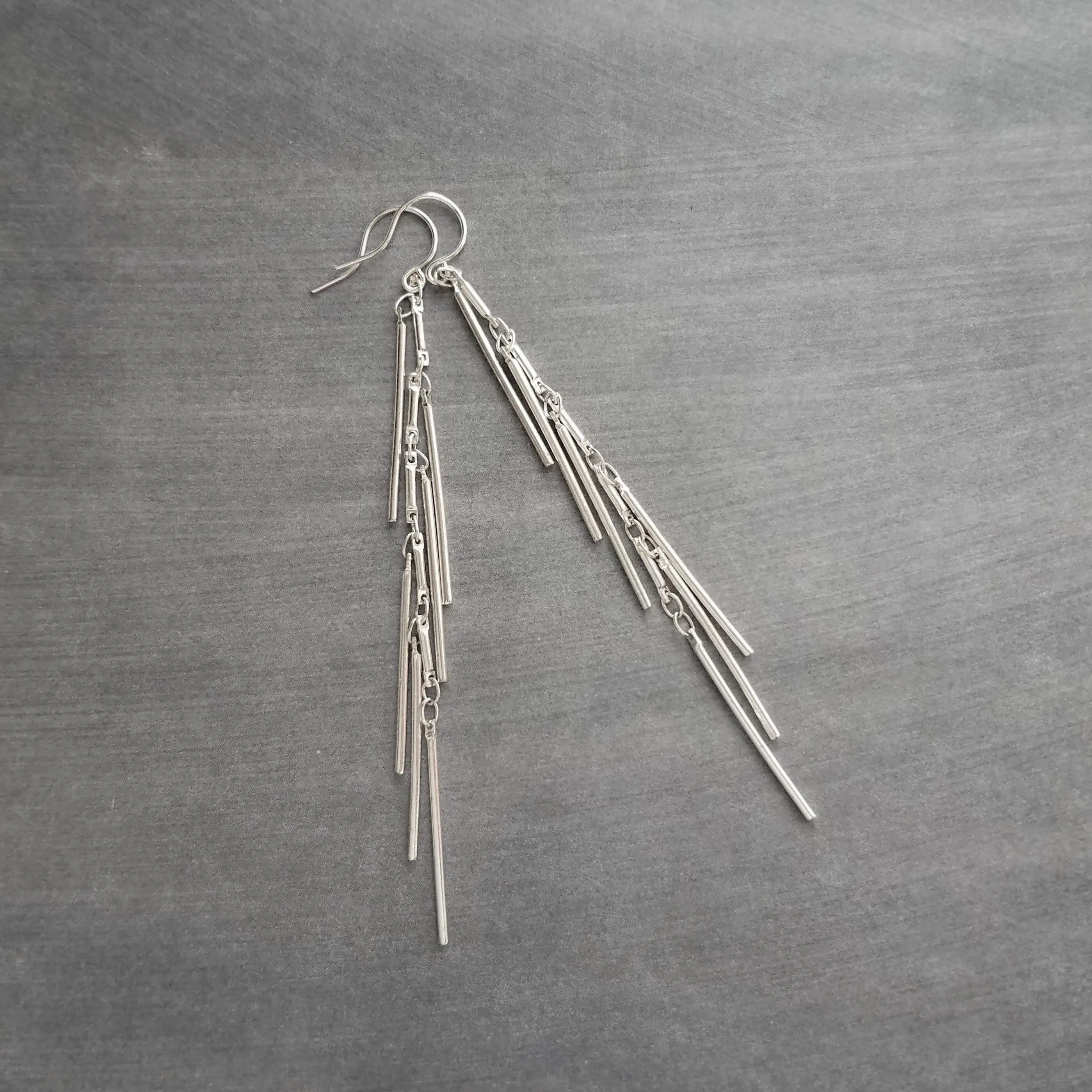 Silver Fringe Earrings, silver bar earring, cluster earring, waterfall earring, thin narrow earring, silver stick earring, shaggy earring