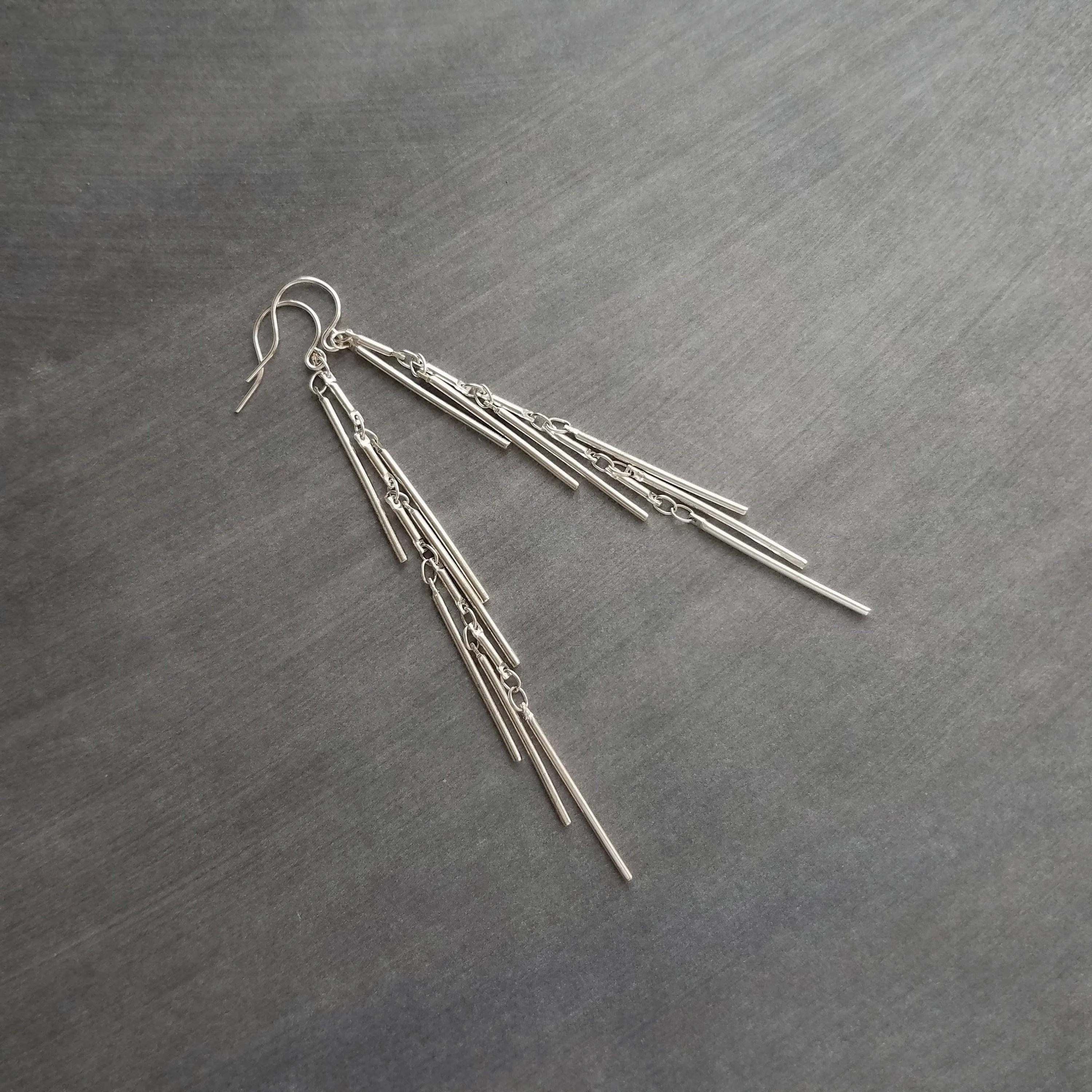 Silver Fringe Earrings, silver bar earring, cluster earring, waterfall earring, thin narrow earring, silver stick earring, shaggy earring