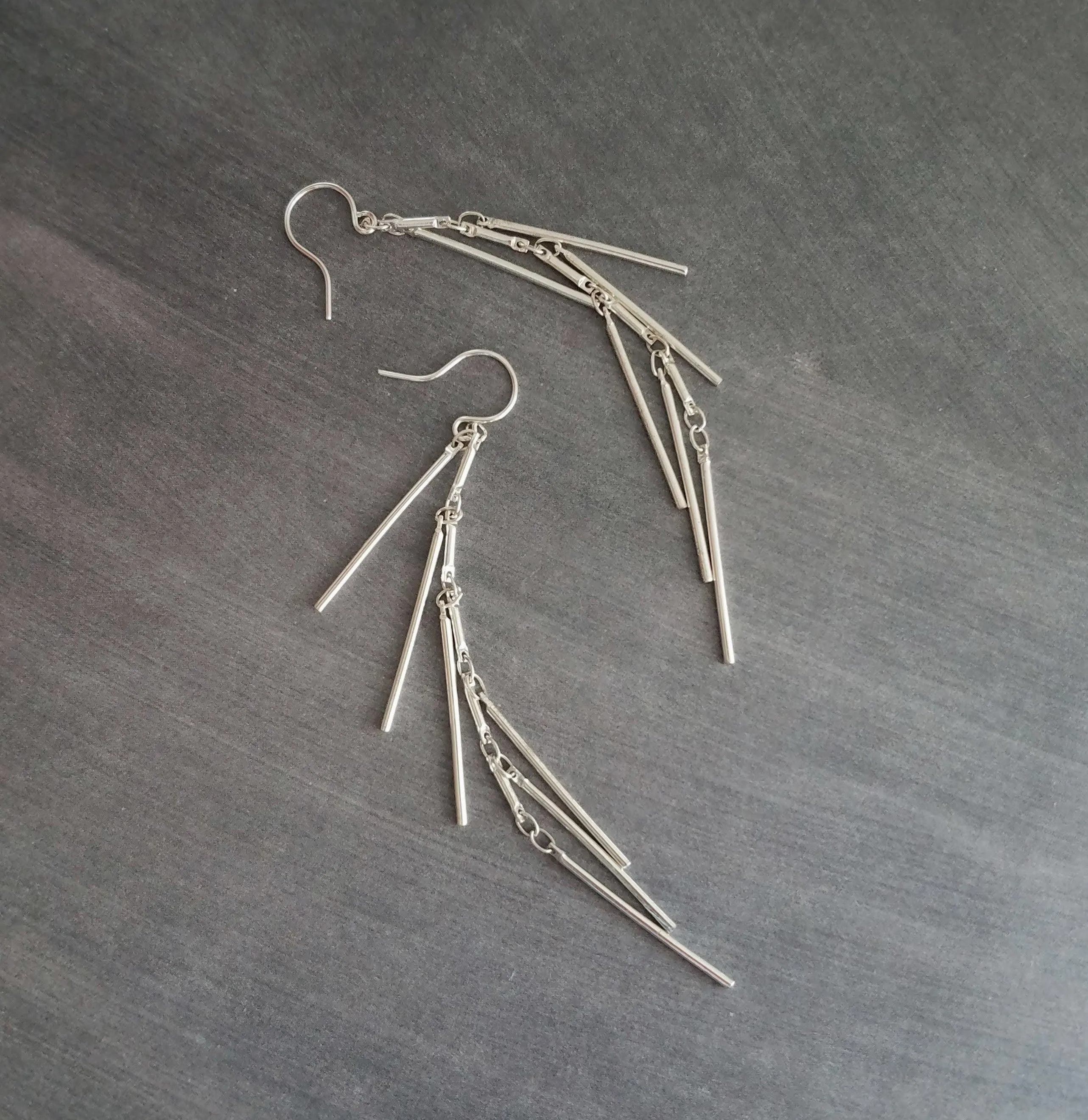 Silver Fringe Earrings, silver bar earring, cluster earring, waterfall earring, thin narrow earring, silver stick earring, shaggy earring