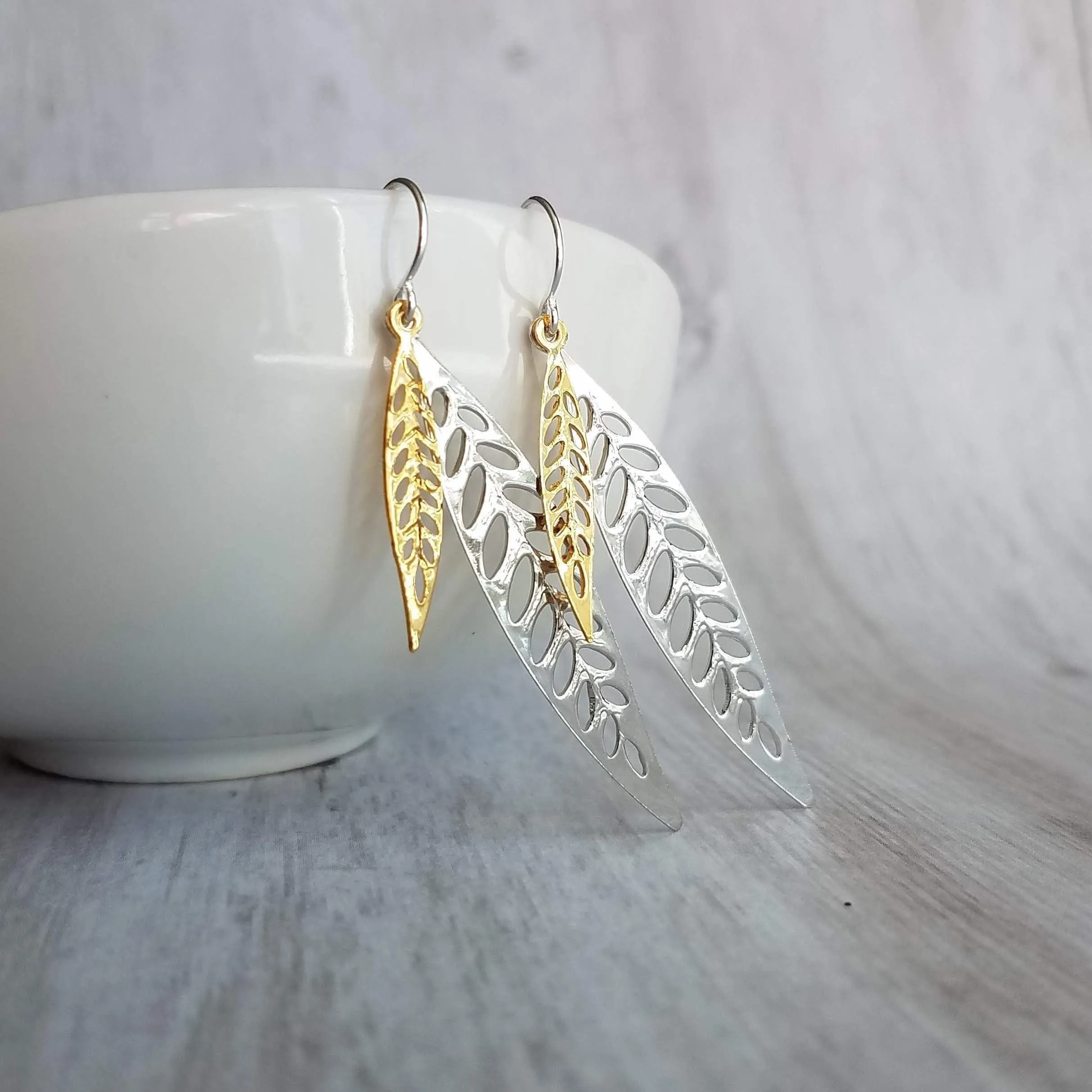 Silver Gold Leaf Earrings, long narrow leaf earrings, silver leaves, filigree leaf earring, silver leaf earring, cut out leaf earring, thin