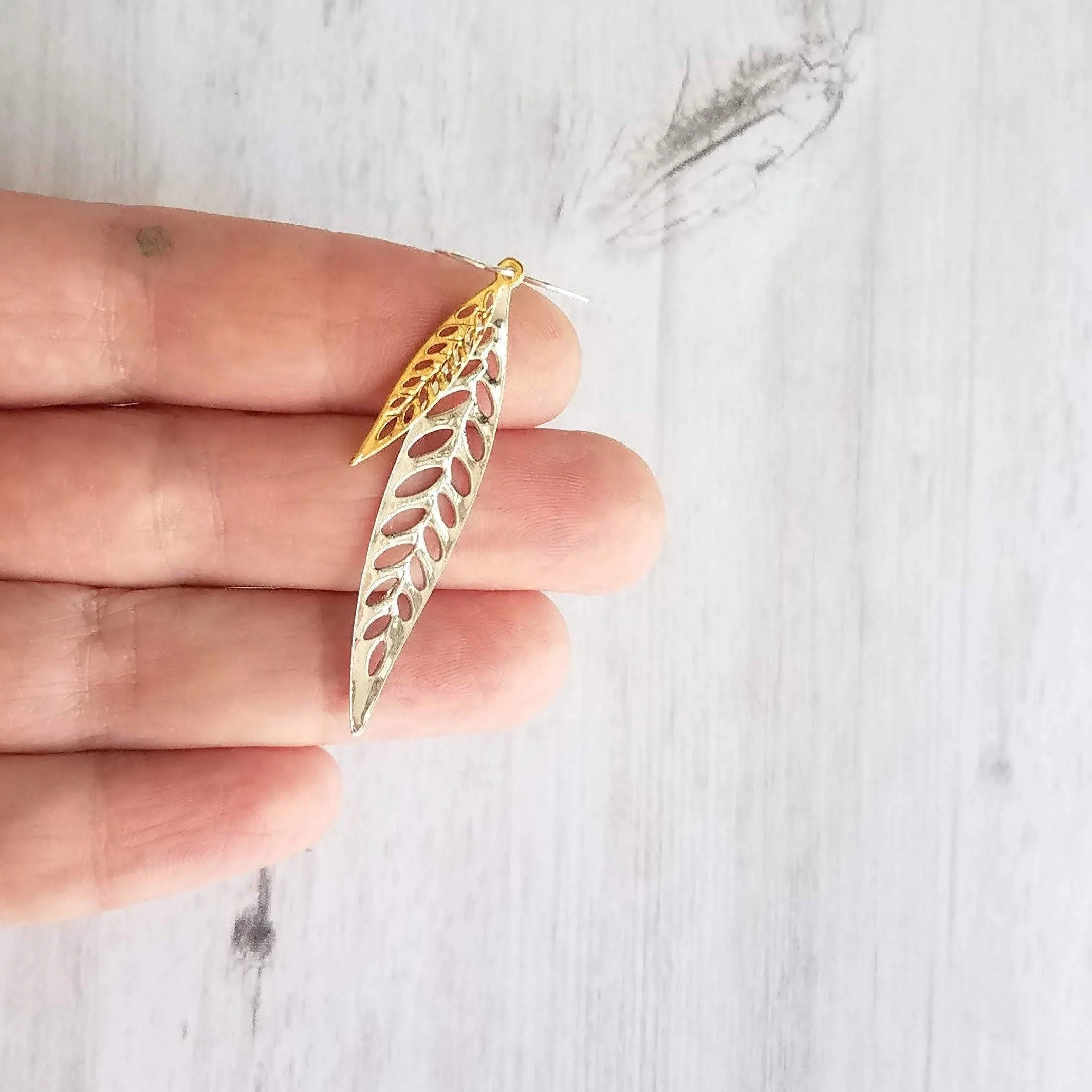 Silver Gold Leaf Earrings, long narrow leaf earrings, silver leaves, filigree leaf earring, silver leaf earring, cut out leaf earring, thin