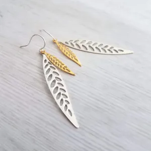 Silver Gold Leaf Earrings, long narrow leaf earrings, silver leaves, filigree leaf earring, silver leaf earring, cut out leaf earring, thin