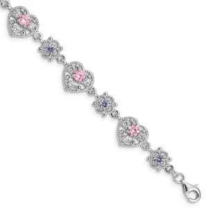 Silver Pink Clear Cubic Zirconia Heart Bracelet