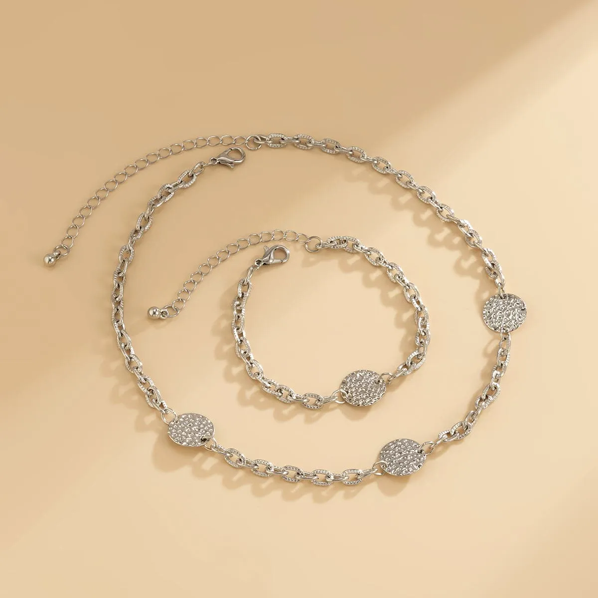 Silver-Plated Hammered Round Station Necklace & Bracelet