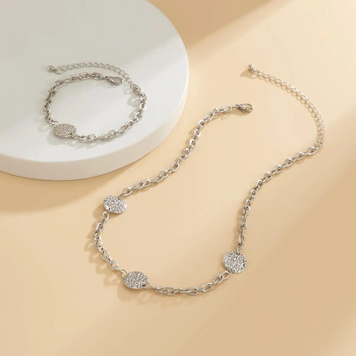 Silver-Plated Hammered Round Station Necklace & Bracelet