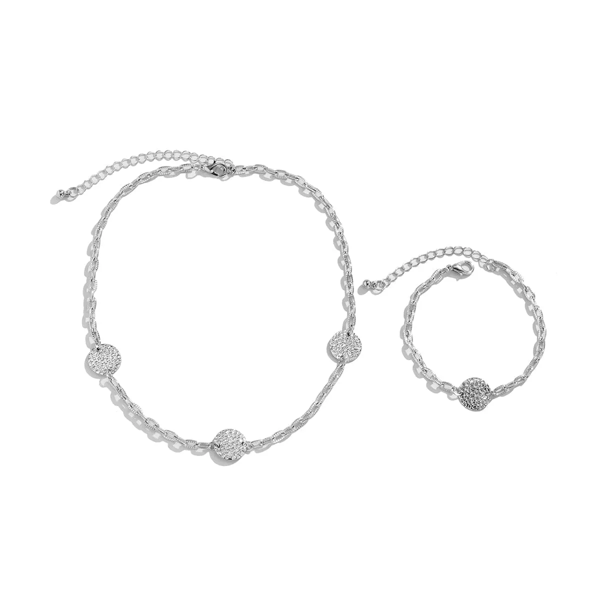 Silver-Plated Hammered Round Station Necklace & Bracelet