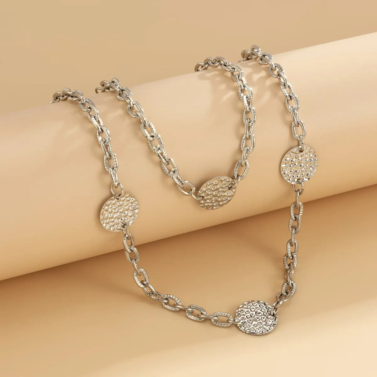 Silver-Plated Hammered Round Station Necklace & Bracelet