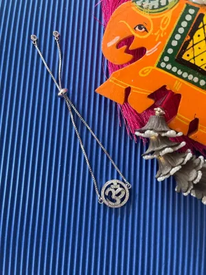 Silver Plated Round Om Pendant Adjustable Bracelet