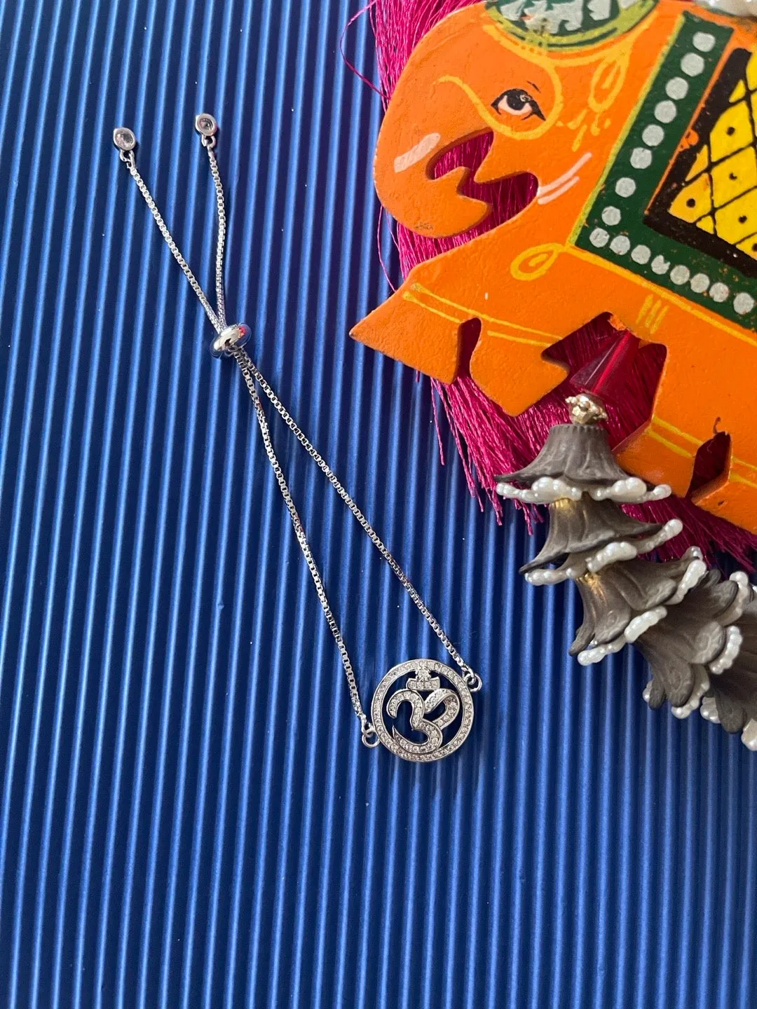 Silver Plated Round Om Pendant Adjustable Bracelet