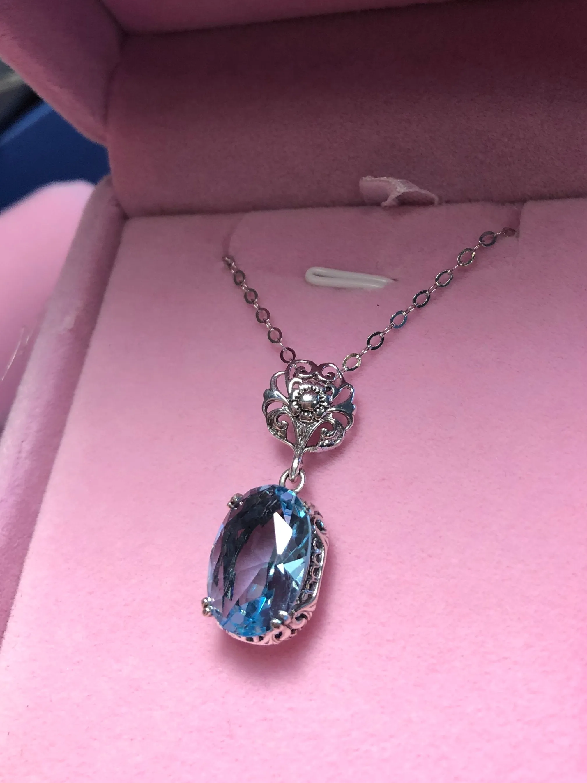 Sky Blue Pendant, Blue Aquamarine Edwardian Necklace #P70