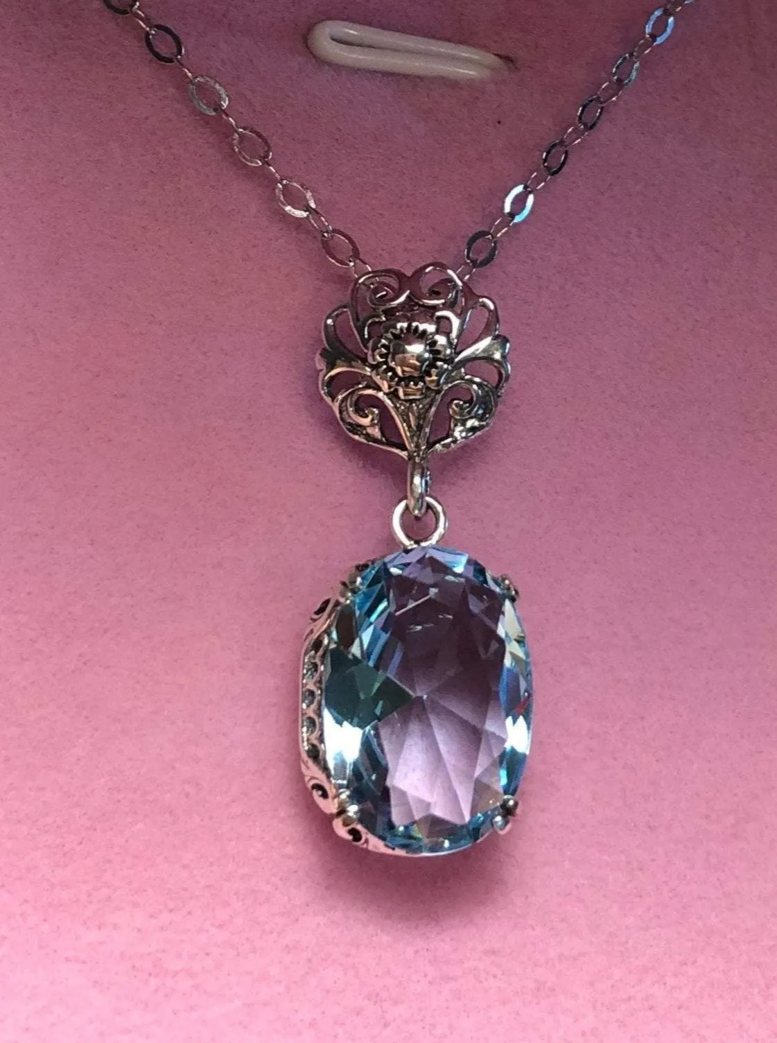 Sky Blue Pendant, Blue Aquamarine Edwardian Necklace #P70