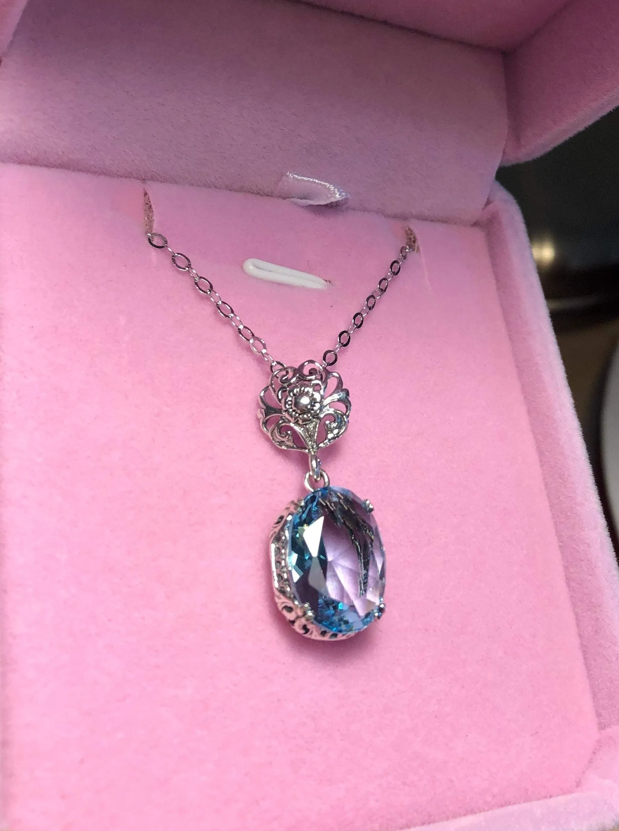 Sky Blue Pendant, Blue Aquamarine Edwardian Necklace #P70