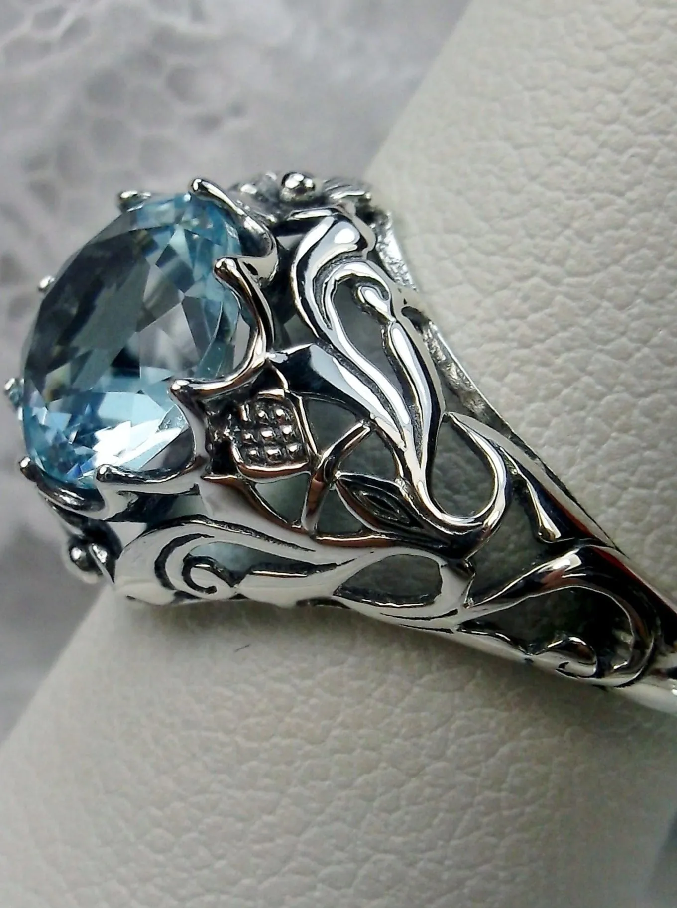 Sky Blue Topaz Ring, Size 7, Daisy Filigree Victorian Jewelry #D66 - Ready to Ship