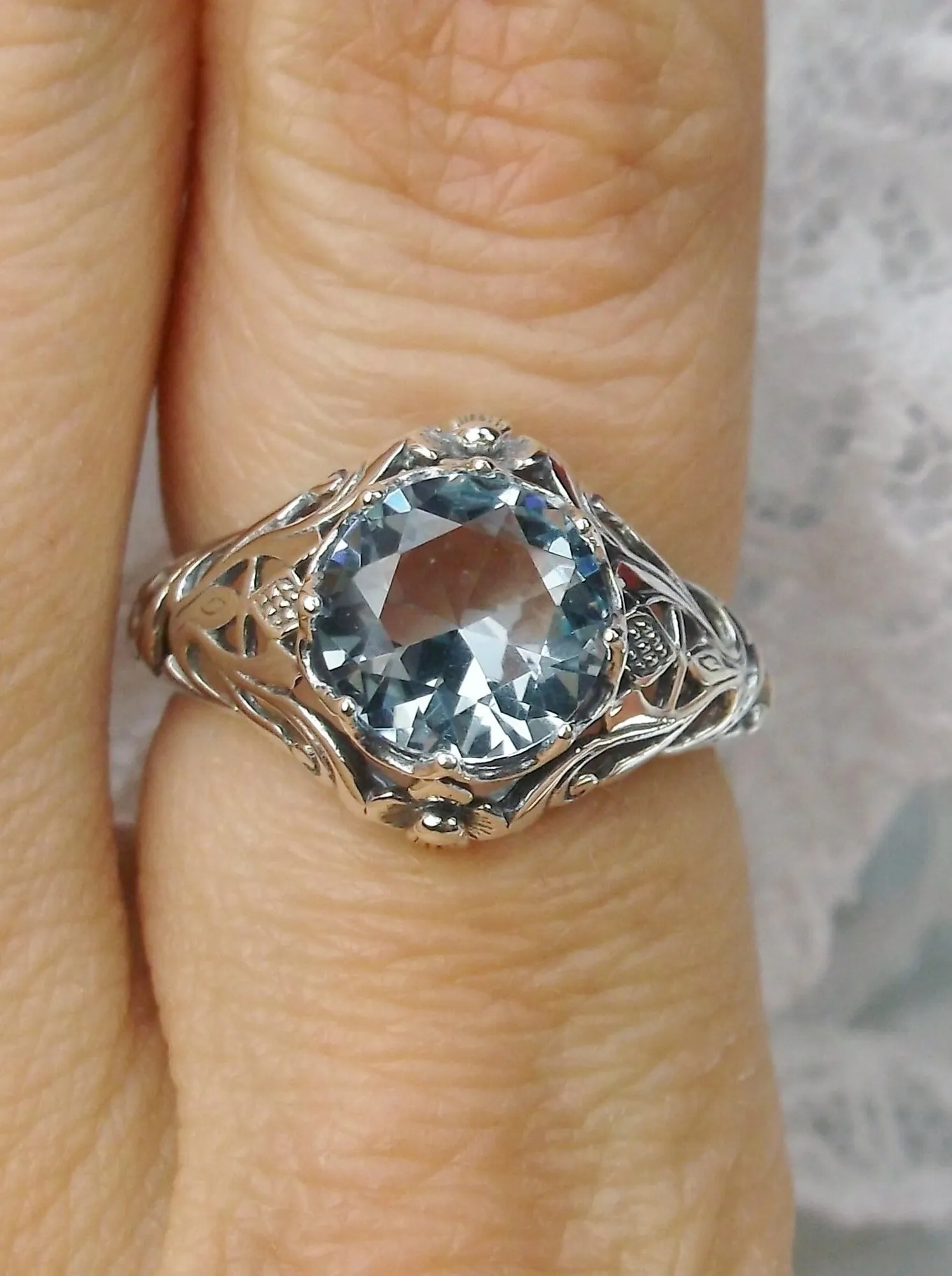 Sky Blue Topaz Ring, Size 7, Daisy Filigree Victorian Jewelry #D66 - Ready to Ship