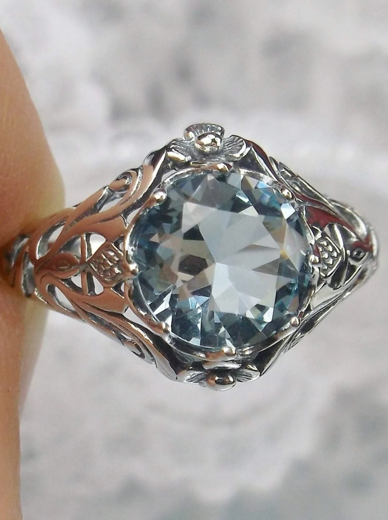 Sky Blue Topaz Ring, Size 7, Daisy Filigree Victorian Jewelry #D66 - Ready to Ship