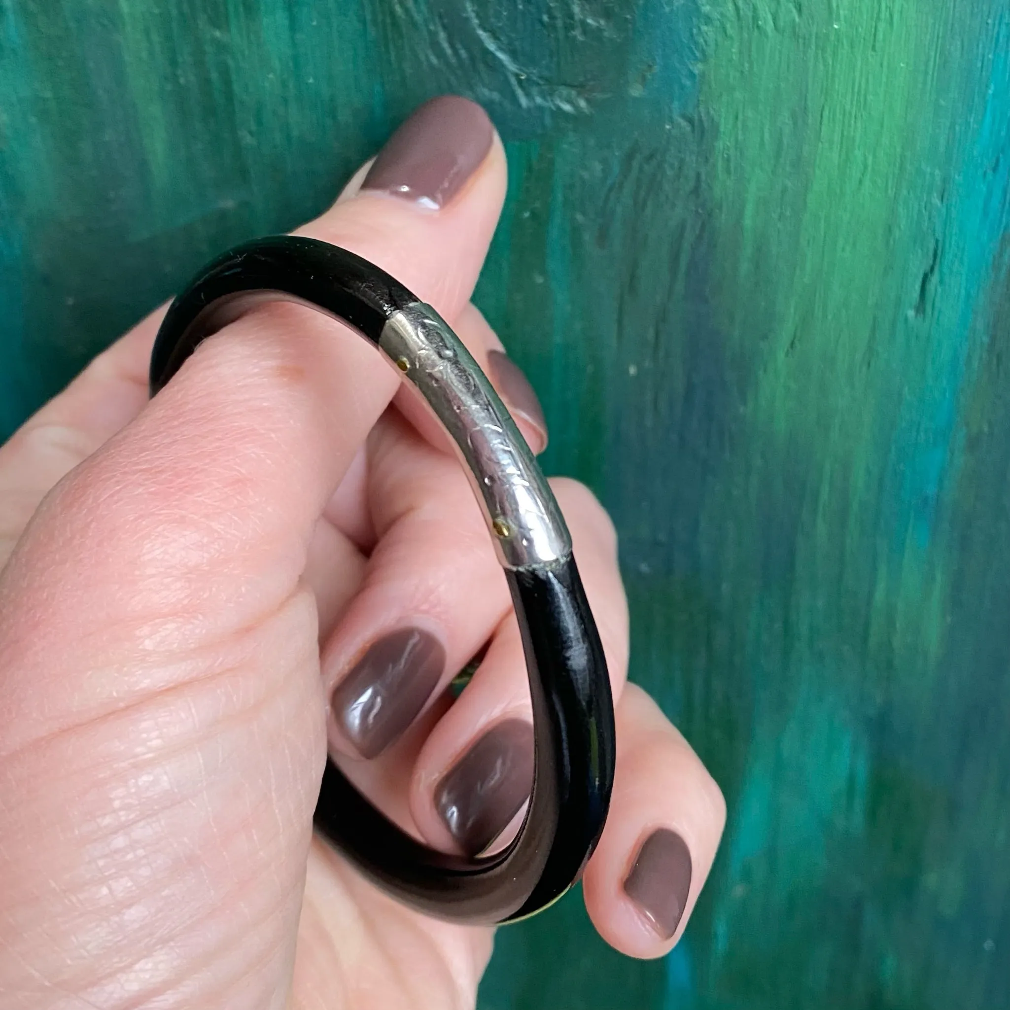 Small Black Lacquer Chinese Bangle with Silver Band