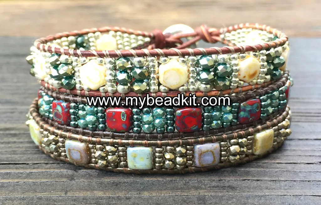 SOLD OUT! Sparkle & Shine! Hex Bead Wrap Bracelet Kit with Seed Beads & Crystals (Cream & Green)