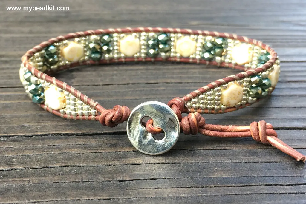 SOLD OUT! Sparkle & Shine! Hex Bead Wrap Bracelet Kit with Seed Beads & Crystals (Cream & Green)